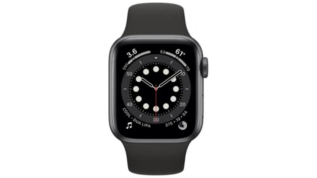 L'Apple Watch Series 6 avec un boîtier de 40 mm et un bracelet sport noir.