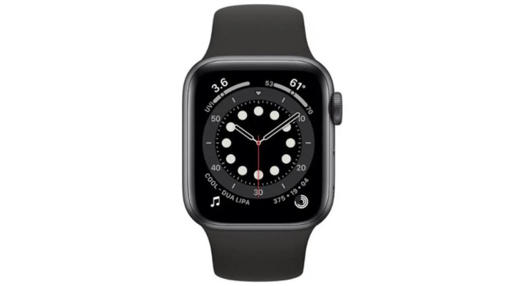 L'Apple Watch Series 6 avec un boîtier de 40 mm et un bracelet sport noir.