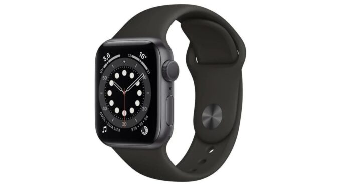L'Apple Watch Series 6, avec un boîtier de 40 mm et un bracelet sport noir.