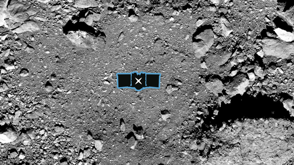 L'emplacement du site de prélèvement sur Bennu. // Source : NASA/Goddard/University of Arizona, via Flickr (image recadrée)