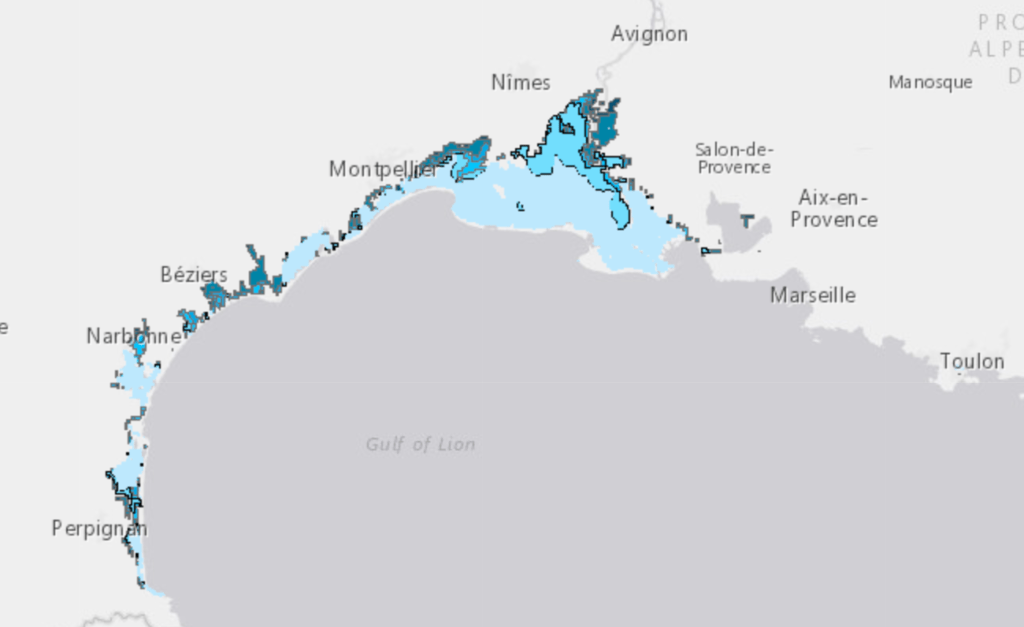 Le pourtour méditerranéen est exposé à la montée des eaux. // Source : Agence européenne de l'environnement