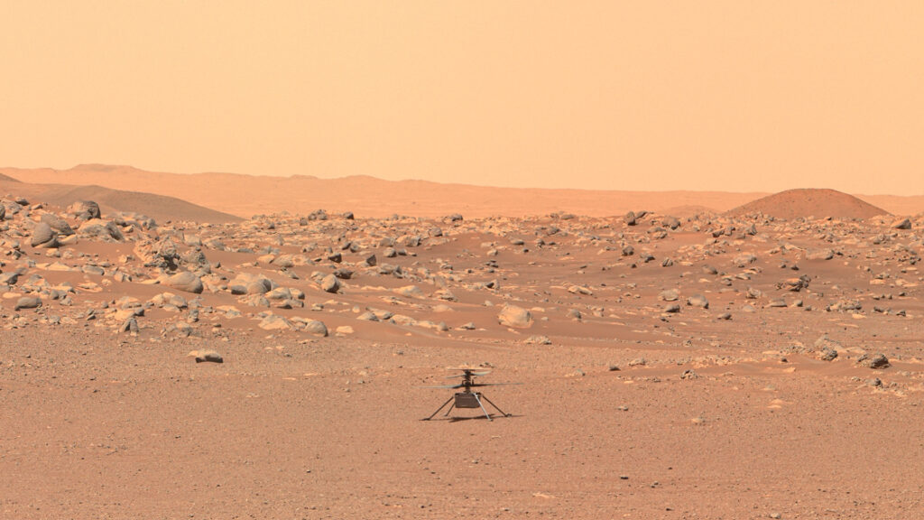 Ingenuity au 114e sol de sa mission sur Mars. // Source : NASA/JPL-Caltech/ASU/Kevin M. Gill (image recadrée)