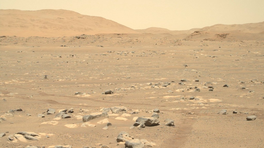 Ingenuity sur Mars, le 26 avril 2021. // Source : NASA/JPL-Caltech/ASU (photo recadrée)