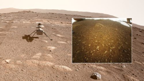 La première photo prise par Ingenuity sur Mars. // Source : Flickr/CC/Kevin Gill, NASA/JPL-Caltech, montage Numerama