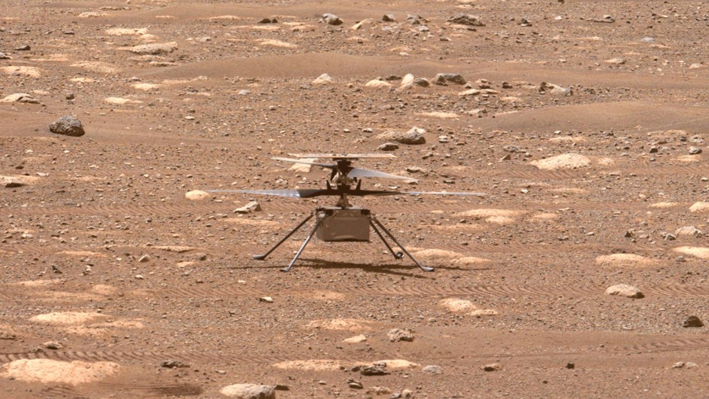 Ingenuity sur Mars. // Source : Flickr/CC/Nasa/JPL-Caltech/MSSS/ASU/Thomas Appéré (photo recadrée)