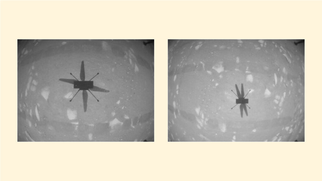 Première image en noir et blanc après le premier vol d'Ingenuity (à gauche) et le deuxième vol (à droite). // Source : NASA/JPL-Caltech, montage Numerama