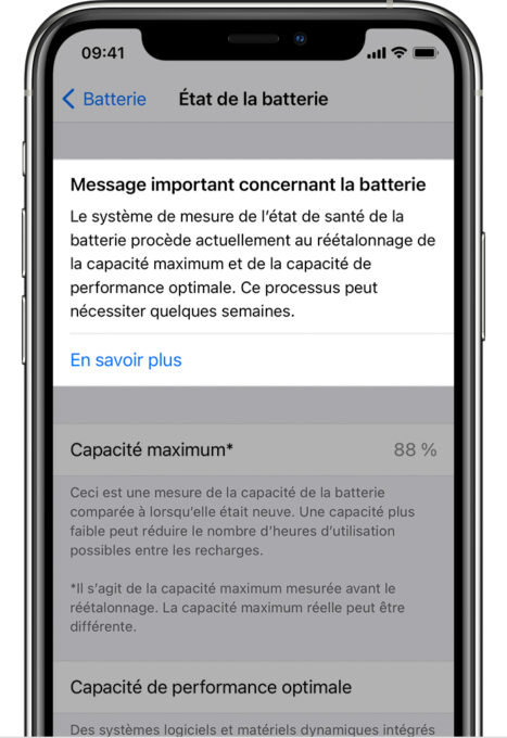Le message de recalibration de batterie qui arrivera dans iOS 14.5 // Source : Apple Le message de recalibration de batterie qui arrivera dans iOS 14.5 // Source : Apple
