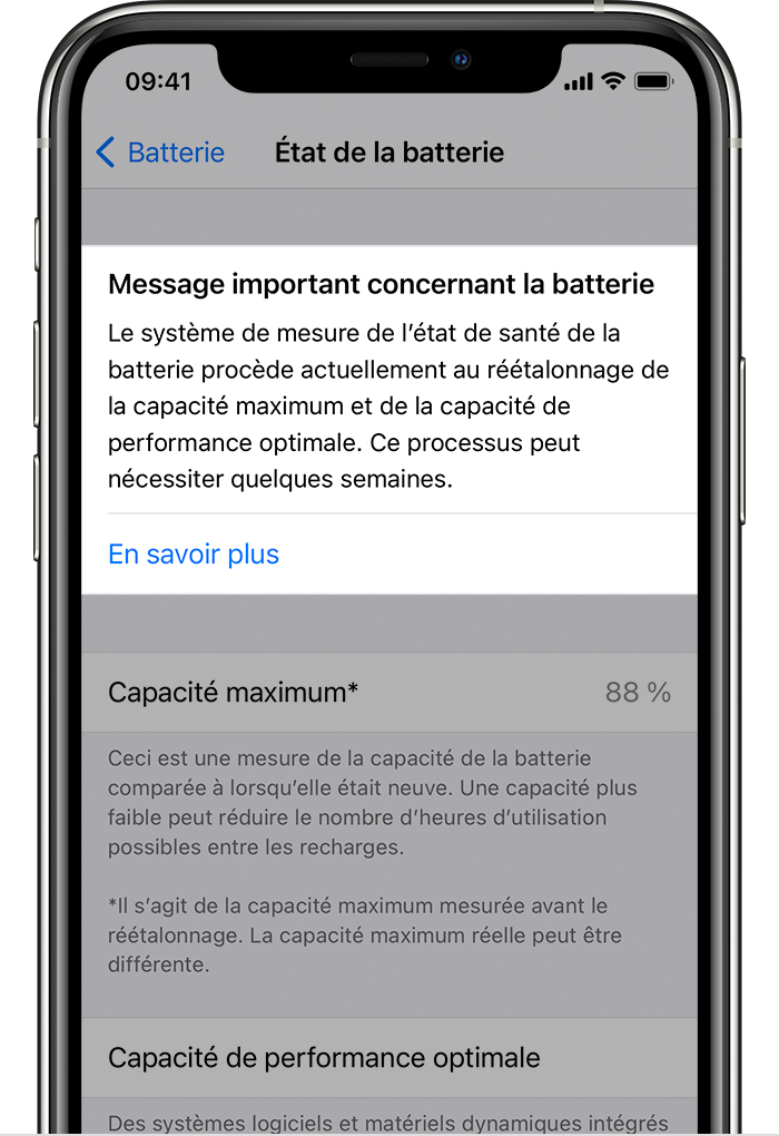 Le message de recalibration de batterie qui arrivera dans iOS 14.5 // Source : Apple