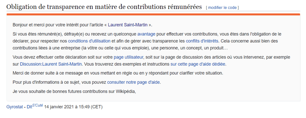 Un avertissement sur Wikipédia concernant les contributions rémunérées