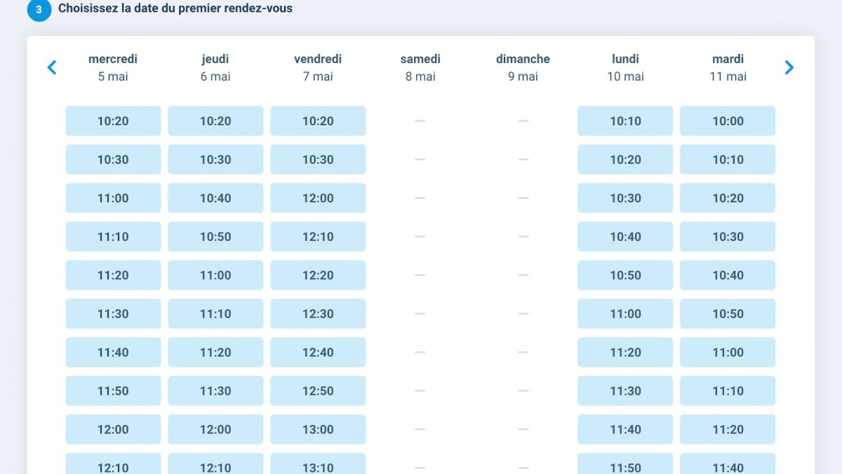 Un exemple de nombreux créneaux libres dans Doctolib pour début mai 2021
