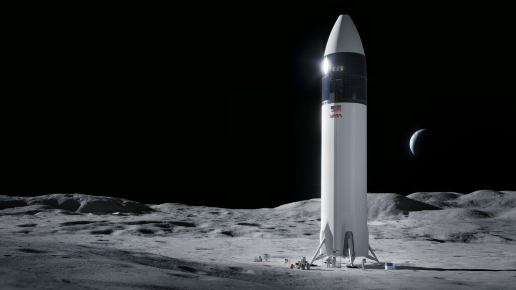 Artist's impression of SpaceX's Starship posing astronauts on the Moon.  // Source: SpaceX