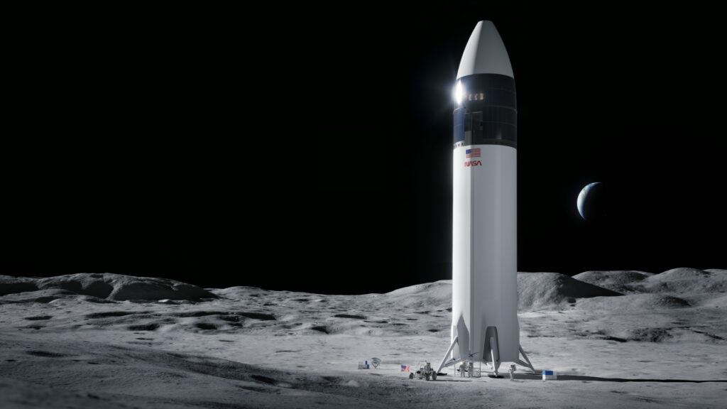 Vue d'artiste du Starship de SpaceX posant des astronautes sur la Lune. // Source : SpaceX