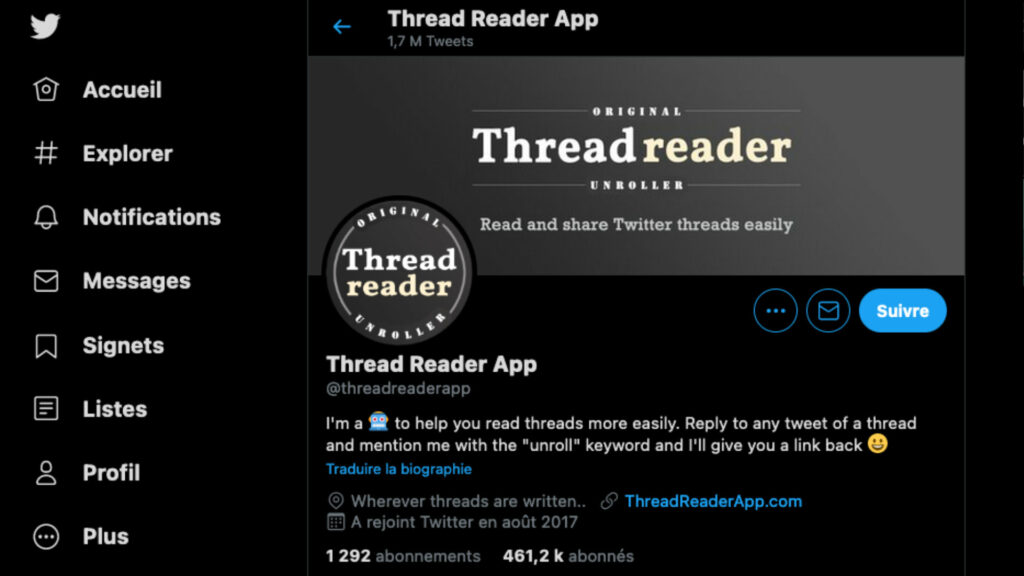Le compte ThreadReader sur Twitter // Source : Capture d'écran Numerama