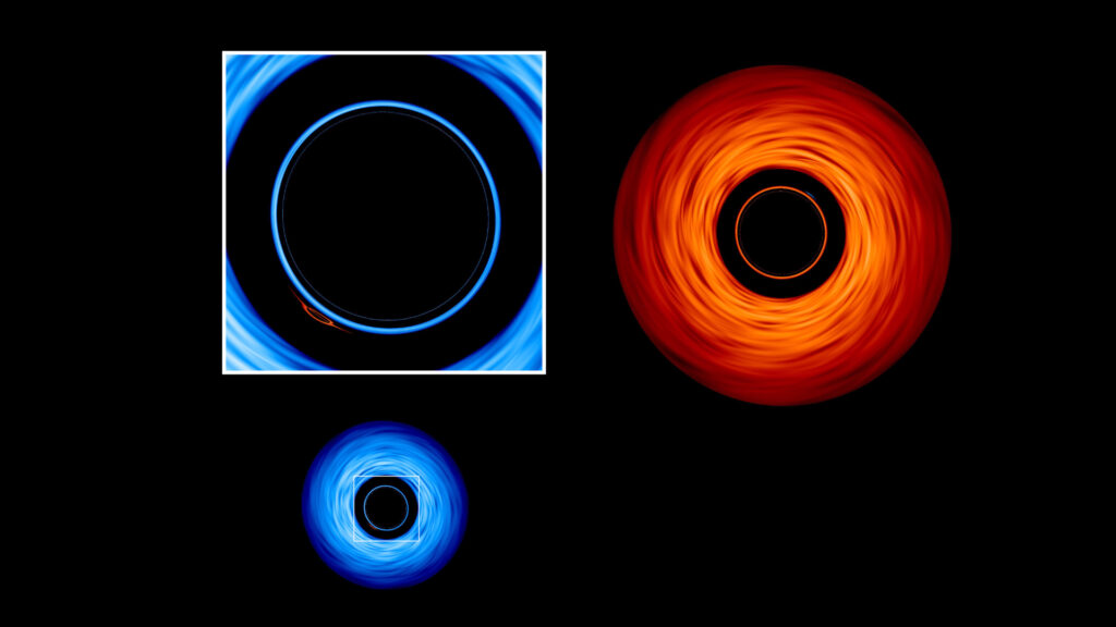 Zoom sur l’image du trou noir rouge déformée dans le trou noir bleu. Et maintenant, regardez dans le disque rouge : la petite image de son compagnon bleu s’y cache aussi. // Source : NASA’s Goddard Space Flight Center/Jeremy Schnittman and Brian P. Powell