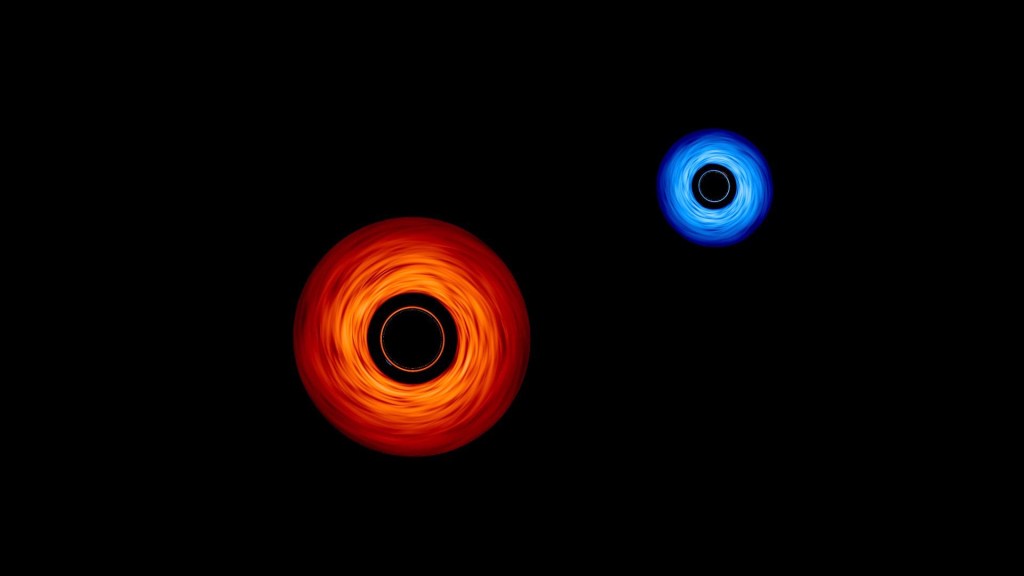 Trou noir binaire, visualisation de la Nasa. // Source : NASA’s Goddard Space Flight Center/Jeremy Schnittman and Brian P. Powell