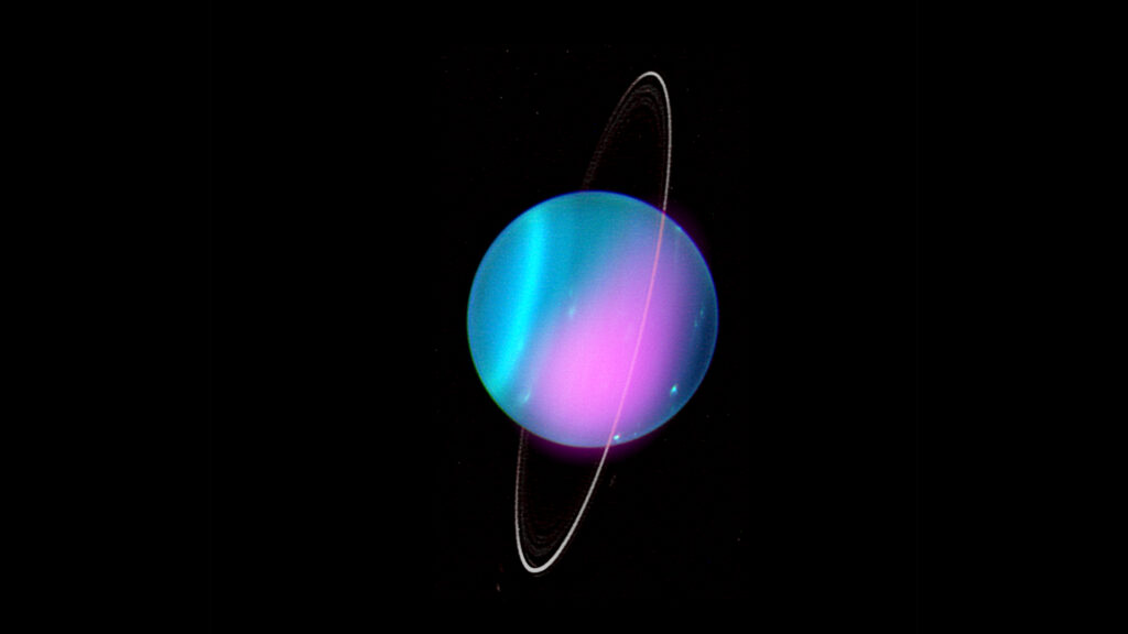 Les rayons X détectés sur Uranus. // Source : NASA/CXO/University College London/W. Dunn et al; Optical: W.M. Keck Observatory (image recadrée)