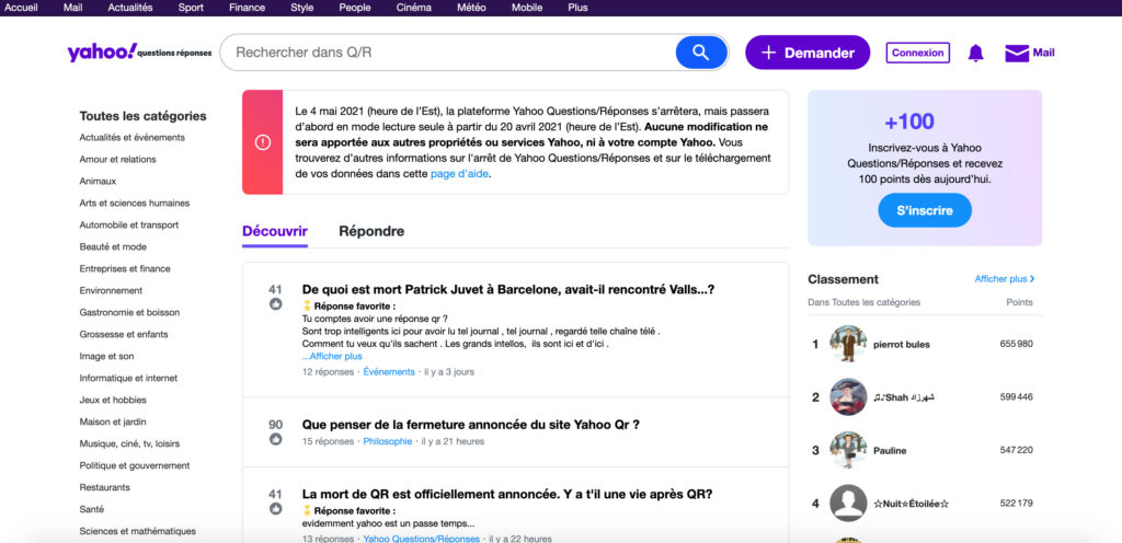 La page d'accueil de Yahoo Questions Réponses // Source : Yahoo