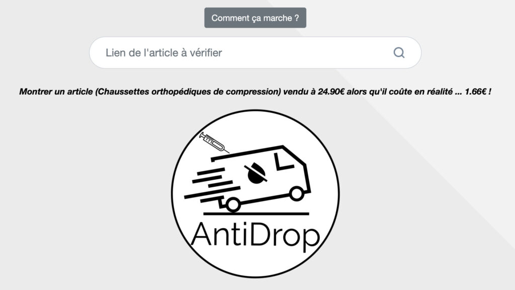 Le site Antidrop évalue la probabilité d'un marchand pratique le dropshipping. // Source : Capture d'écran Numerama