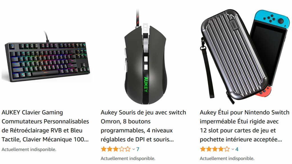 Les produits Aukey sont indisponibles sur Amazon // Source : Capture d'écran