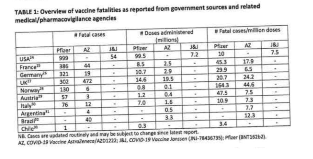 Le tableau censé représenter le nombre de morts causés par le vaccin de Pfizer // Source : Capture d'écran Numerama
