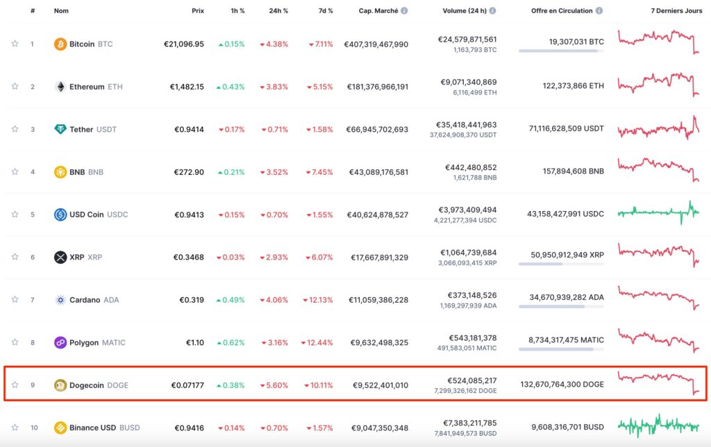 La capitalisation boursière du Dogecoin est l'une des plus importante du monde // Source : Coinmarketcap