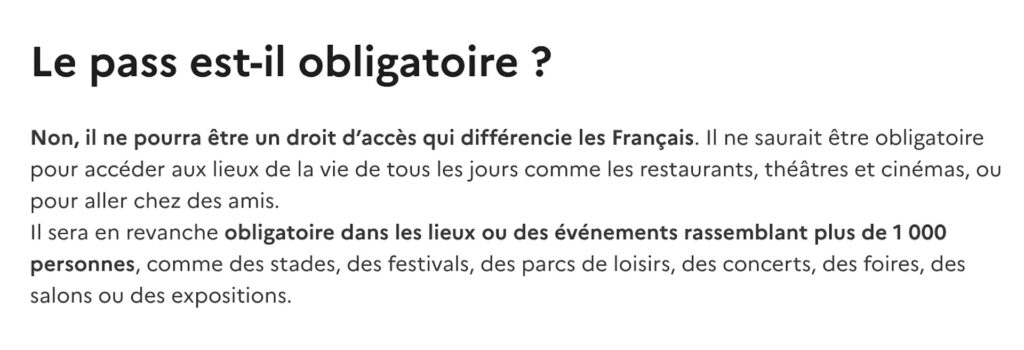 Extrait de la FAQ du gouvernement sur le pass sanitaire // Source : gouvernement.fr