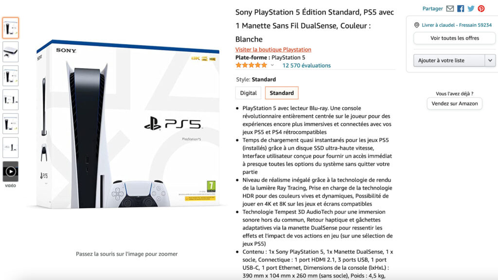 La PS5 chez Amazon // Source : Capture d'écran