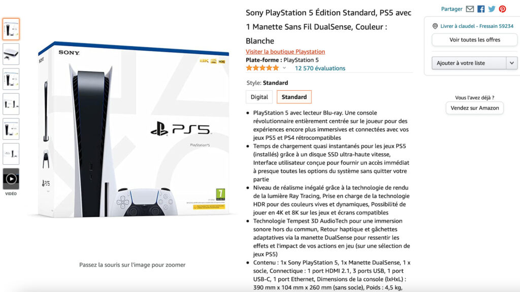 La PS5 chez Amazon // Source : Capture d'écran La PS5 chez Amazon // Source : Capture d'écran