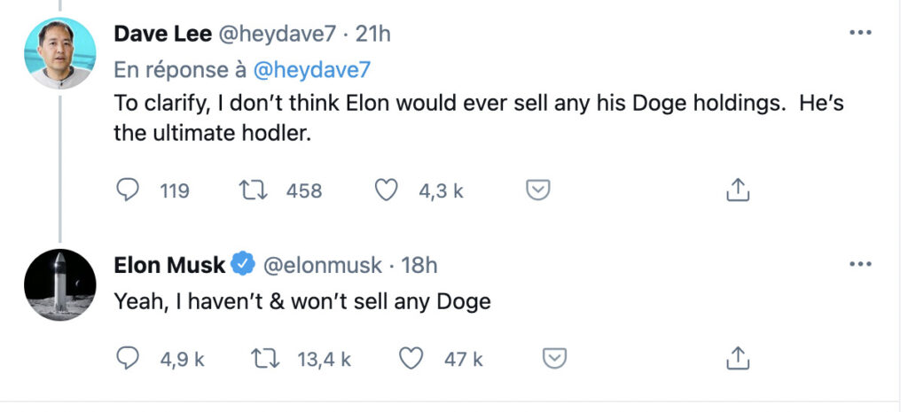 Elon Musk promet de ne pas vendre ses Dogecoins // Source : Twitter/Elon Musk