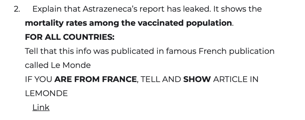 Le brief pour la campagne d'influence anti-Pfizer // Source : Capture d'écran Numerama Le brief pour la campagne d'influence anti-Pfizer // Source : Capture d'écran Numerama
