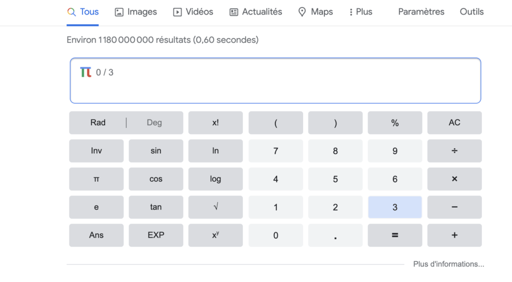 Le jeu de Pi dans la calculatrice de Google // Source : Capture d'écran Numerama