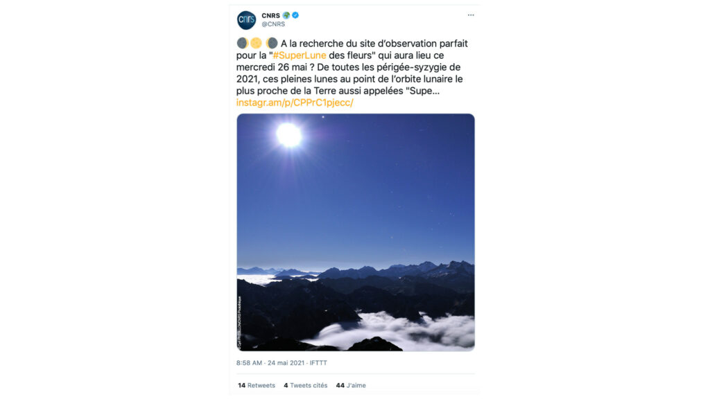 Capture d'écran du tweet, supprimé depuis. // Source : Via Twitter @CNRS Capture d'écran du tweet, supprimé depuis. // Source : Via Twitter @CNRS