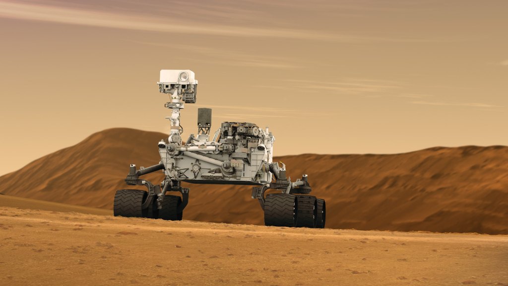 Vue d'artiste de Curiosity sur Mars. // Source : NASA/JPL Caltech, 2011 (image recadrée)