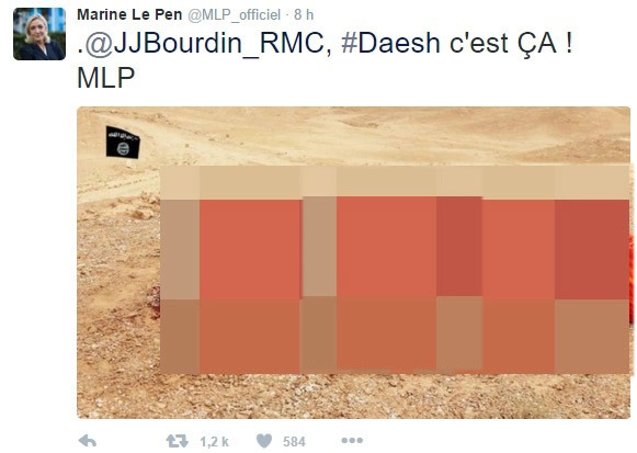 L’un des messages publiés le 16 décembre 2015 par Marine Le Pen, sur Twitter.