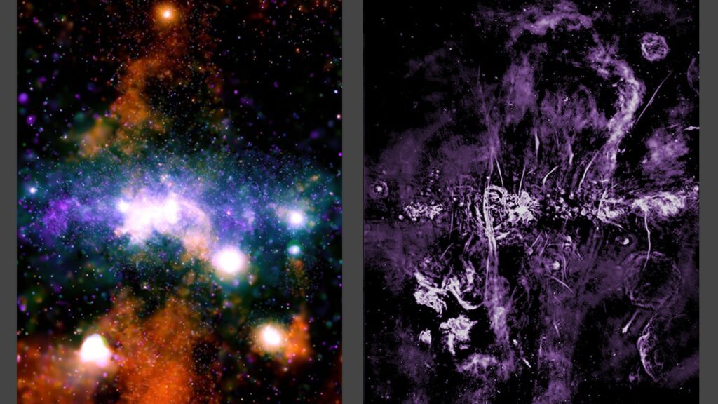 À gauche, le centre de la galaxie via les rayons X. À droite, via les longueurs d'onde radio. // Source : Nasa/CXC/UMass/Q.D. Wang