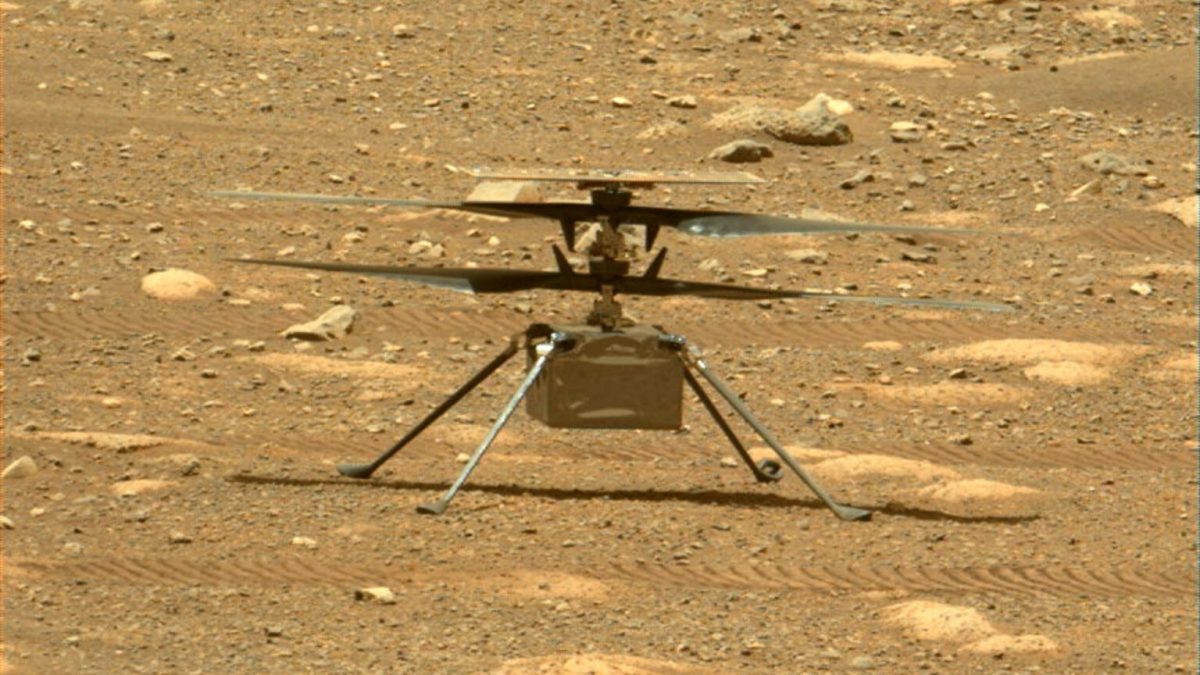 Ingenuity sur Mars le 2 mai 2021. // Source : NASA/JPL-Caltech/ASU (photo recadrée)