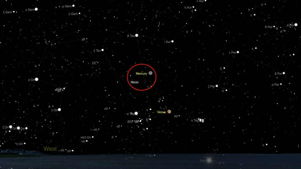Mercure et la Lune le jeudi 13 mai 2021, vues de Paris. // Source : Capture d'écran TheSkyLive, annotation Numerama