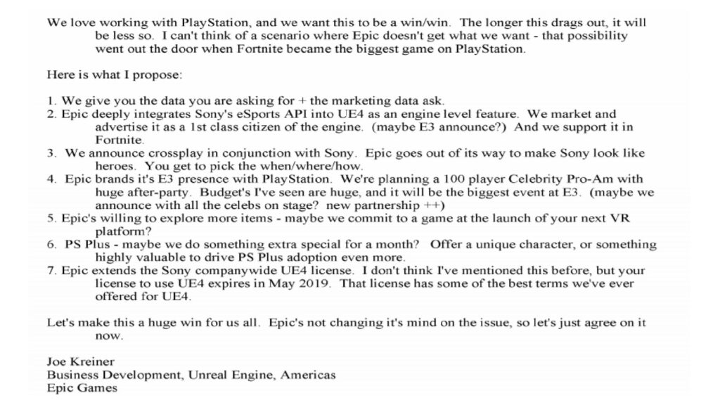 Négociations entre Epic Games et Sony sur le cross-play // Source : Procès Apple versus Epic Games (via The Verge)