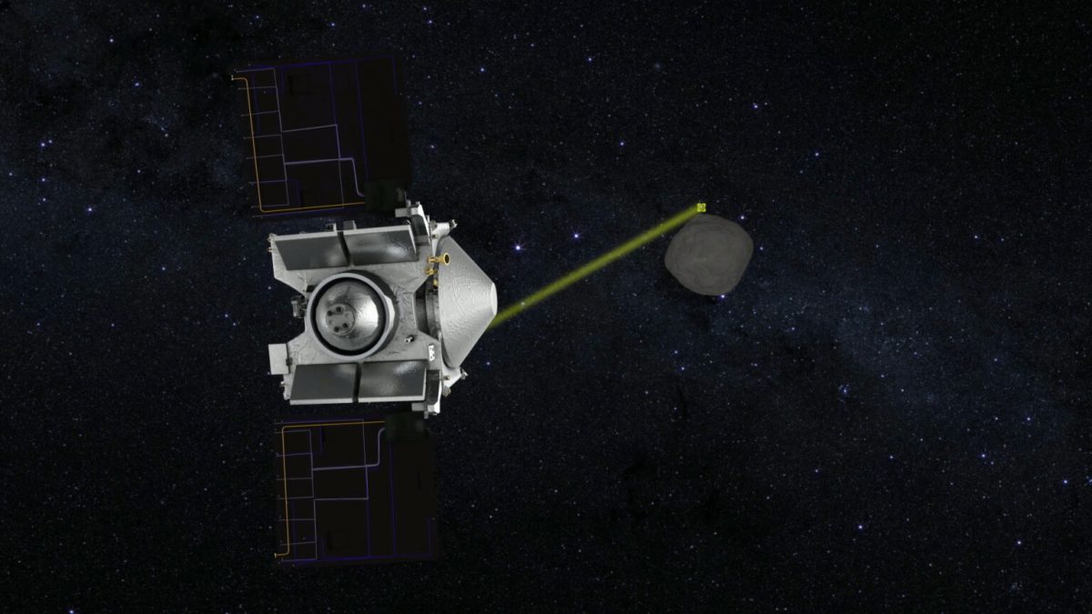 Vue d'artiste de la sonde OSIRIS-REx et de Bennu. // Source : Capture d'écran YouTube OSIRIS-REx Mission