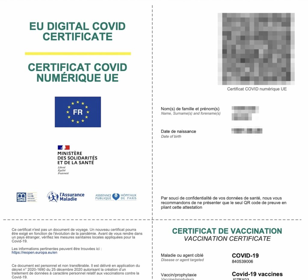 Un certificat européen de vaccination // Source : Numerama