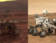 Vues d'artistes de Zhurong et Perseverance sur Mars. // Source : À gauche : capture d'écran YouTube AFP. À droite : CNES/DUCROS David, 2021. Montage Numerama.