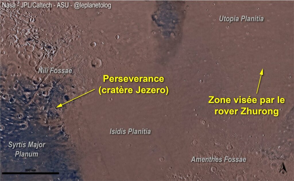 Sites d'atterrissages des rovers Perseverance et Zhurong sur Mars. // Source : Via Twitter @leplanetolog