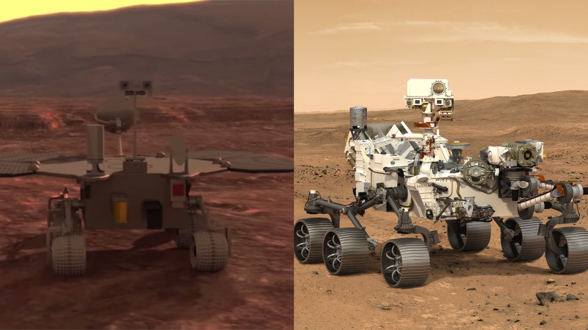 Vues d'artistes de Zhurong et Perseverance sur Mars. // Source : À gauche : capture d'écran YouTube AFP. À droite : CNES/DUCROS David, 2021. Montage Numerama.