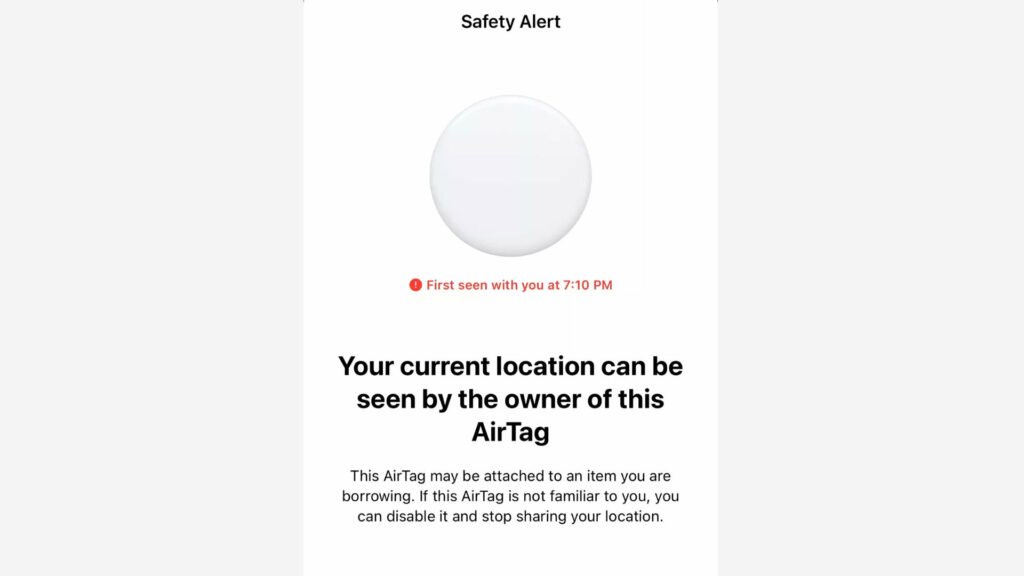 L'alerte affiché sur les iPhone qui détecte un AirTag inconnu