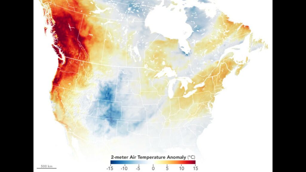 La vague de chaleur, fin juin 2021, touche tout le Nord-Ouest de l'Amérique/du Pacifique. // Source : Earth Observatory/Nasa