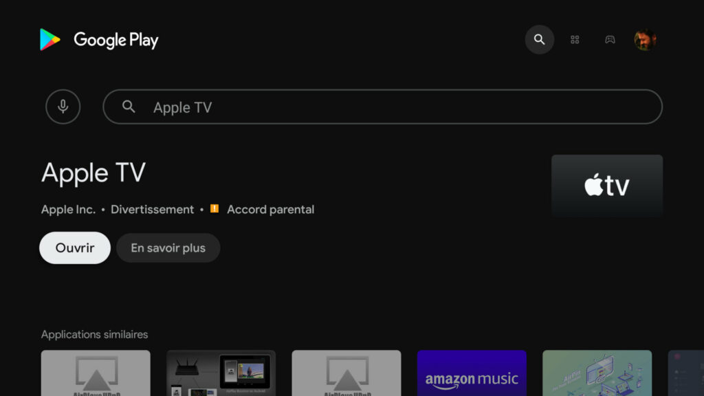 Apple TV est enfin disponibvle sur le Plasy Store Android TV // Source : Capture d'écran