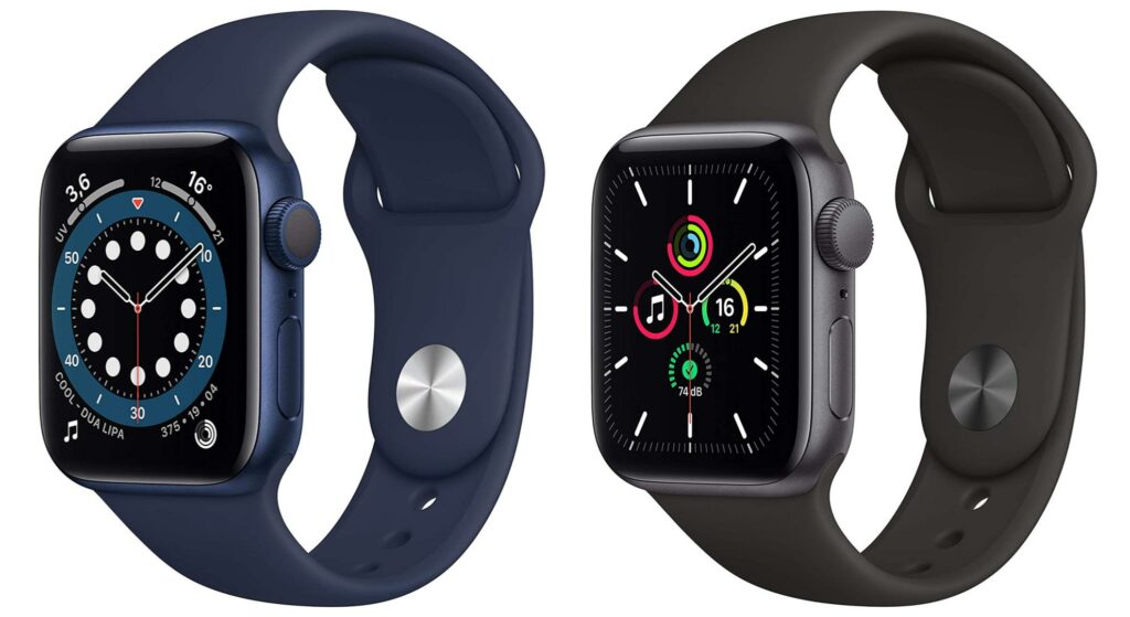 L'Apple Watch Series 6 (40 mm) et l'Apple Watch SE (40 mm). L'Apple Watch Series 6 (40 mm) et l'Apple Watch SE (40 mm).