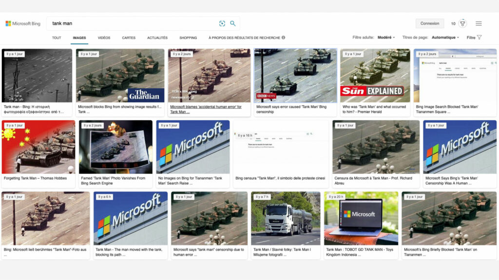 Les résultats pour la recheerche « Tank Man » sur Bing le 7 juin 2021 // Source : Capture d'écran