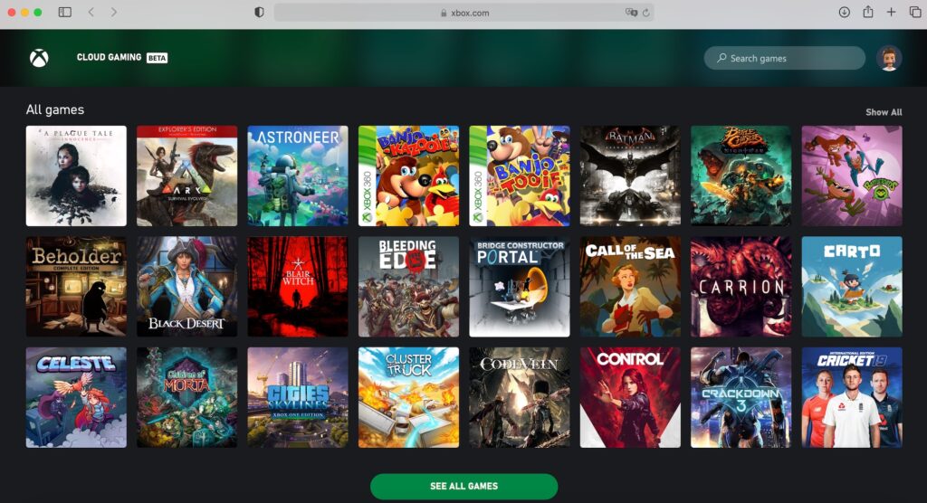 Le Xbox Game Pass sur Safari (Mac) // Source : Capture d'écran