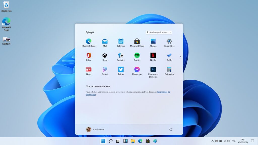 Le nouveau menu « Démarrer »de Windows 11 // Source : Capture d'écran